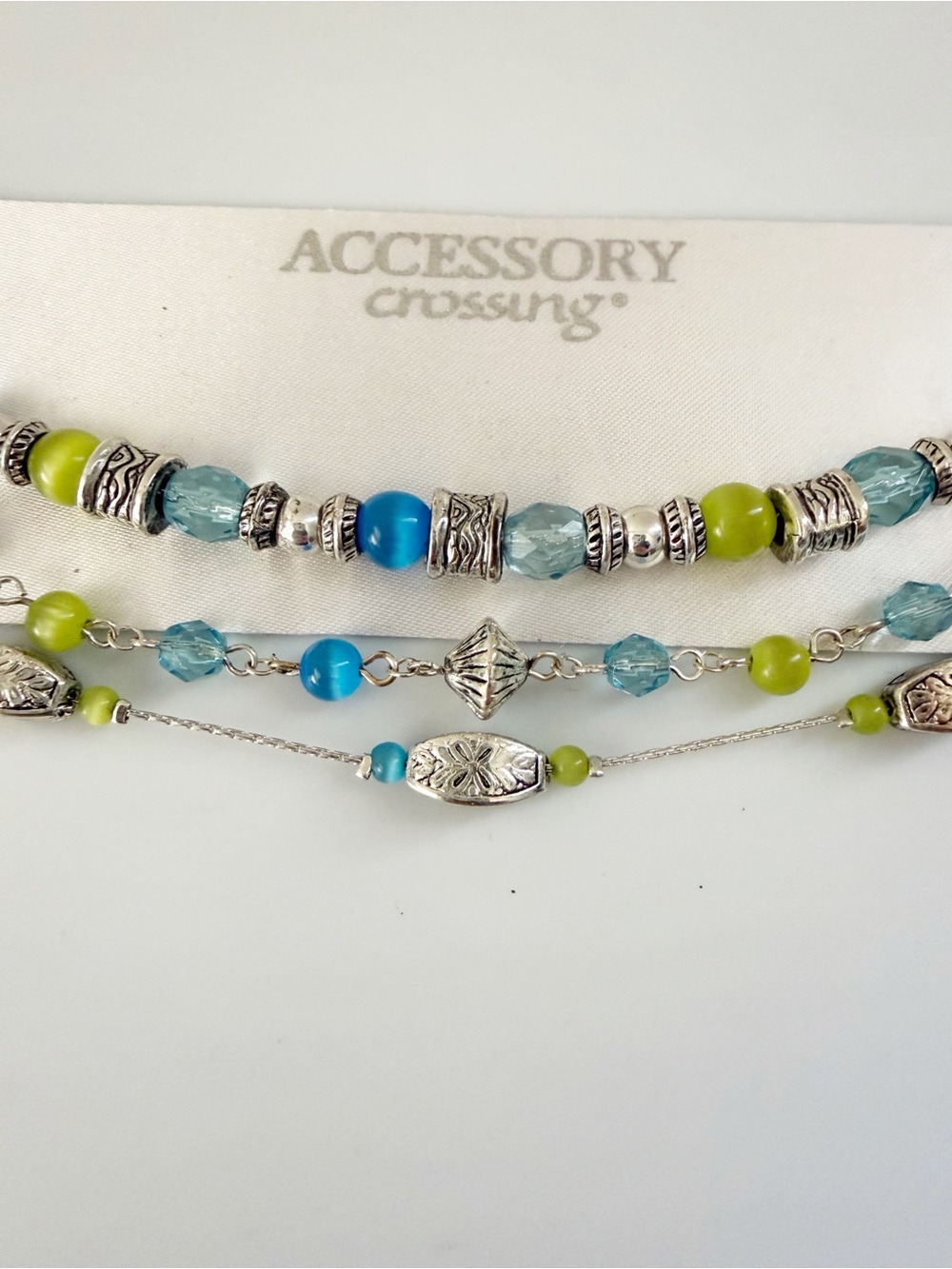 Accessory Crossing 3 Stackable Silver Tone Green Blue Beads Bracelets New